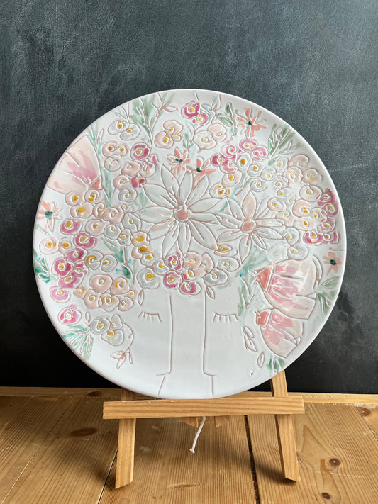 piatto piano portata fiori rosa 30cm in ceramica